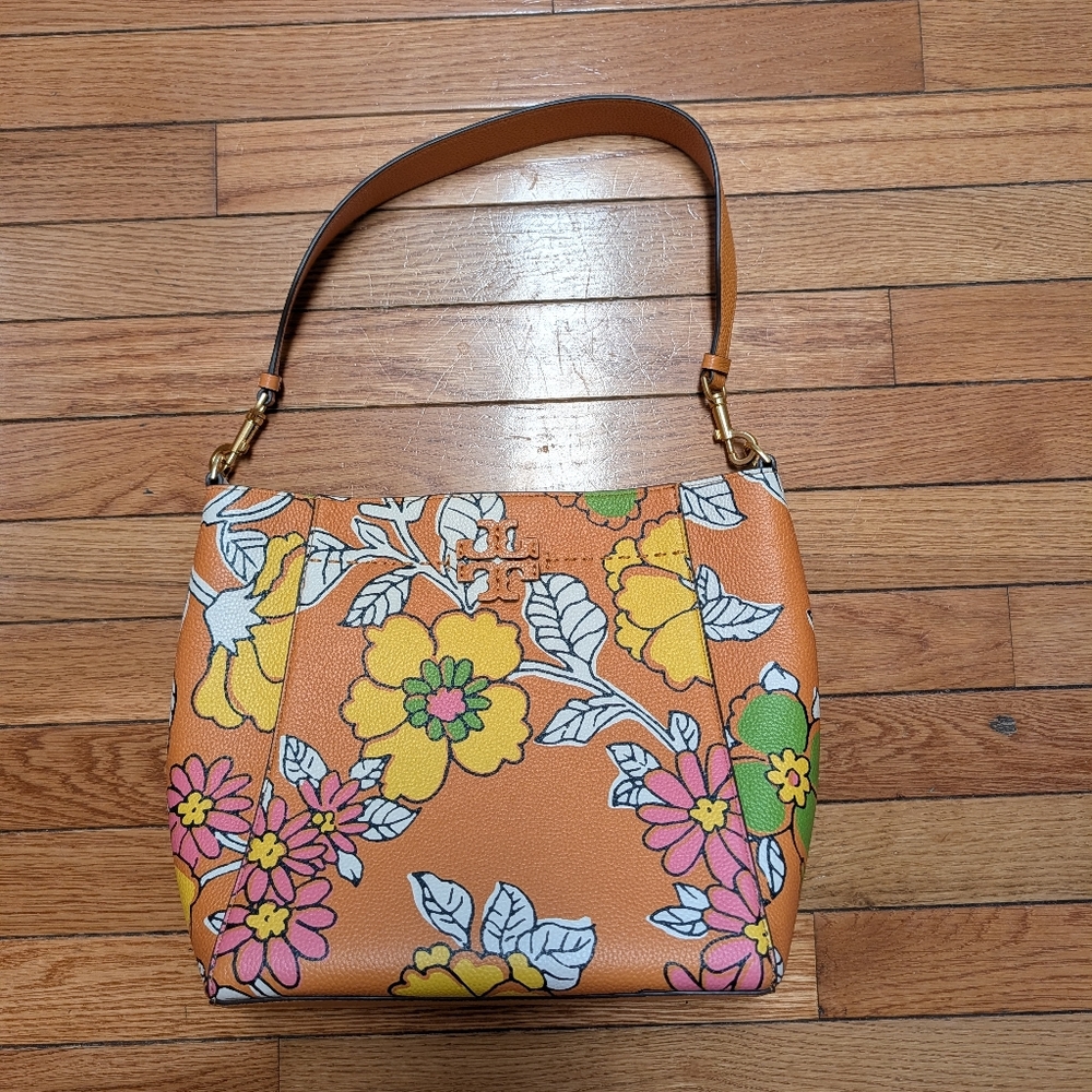 Tory Burch Orange Floral Leather Shoulder Bag